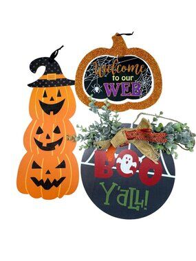 Set 3 Halloween Decorative Hanging Signs: Welcome To Our Web Boo Yall Pumpkins